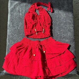Chic Red Ruffled Women's 2 piece Skort/Halter